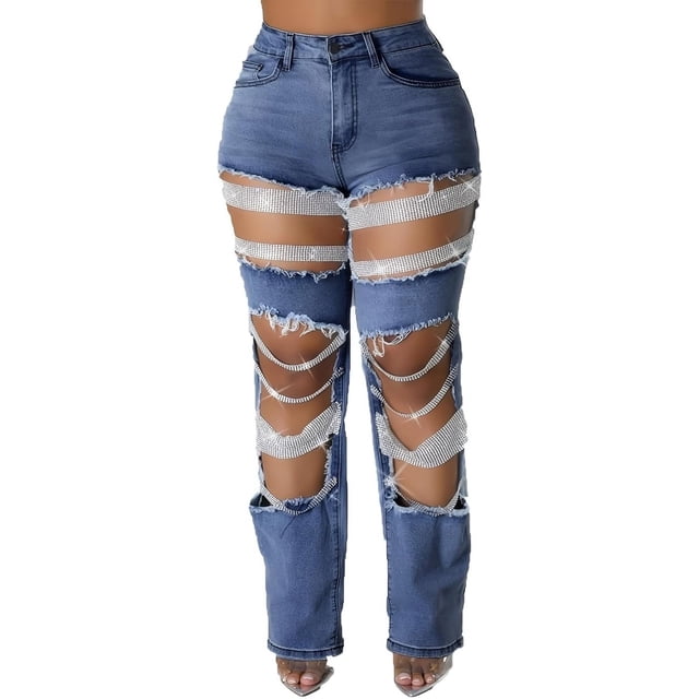 FSDKSM Women's High Waisted Pearl Beaded Ripped Jeans, Rhinestone Cut Out Straight Leg Denim Pants, Chain Boyfriend Jeans