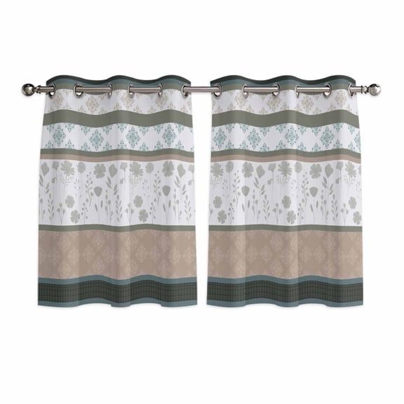 Brown Geometric Kitchen Curtains Window Panels, Stripes Boho Spring Flowers Pastoral Country Insulated Window Treatment Curtain, Grommet Curtains for Bedroom/Living Room/Bathroom, 2 Piece 52"Wx45"L