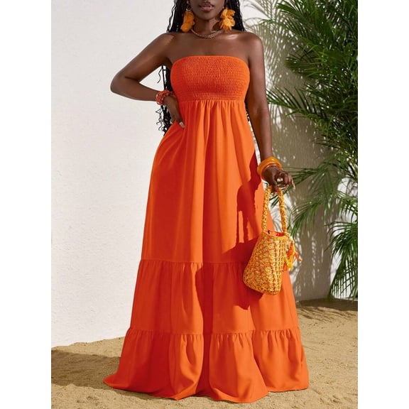 Orange Solid Color Strapless Ruffle Hem Maxi Dress For Women