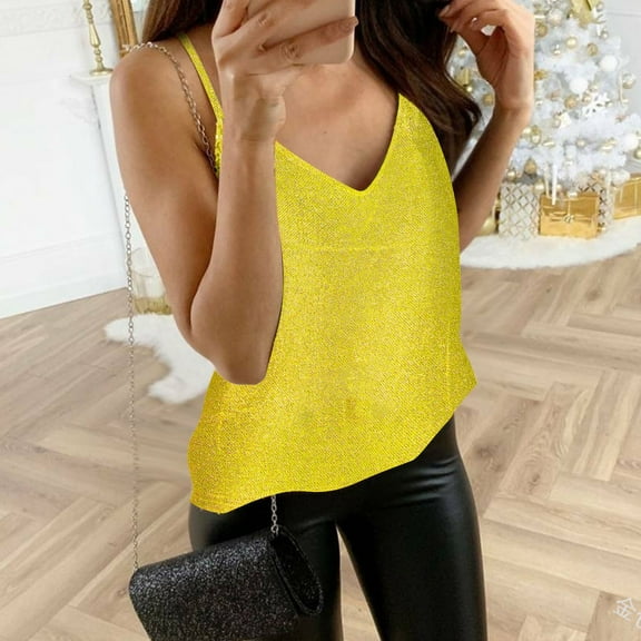 QUINDOS Womens Tank Tops Plus Size Exercise Summer Gold Fashion Casual Sexy Solid Sleeveless V-neck Sequin Tops Blouse Womens Camisoles Plus Size