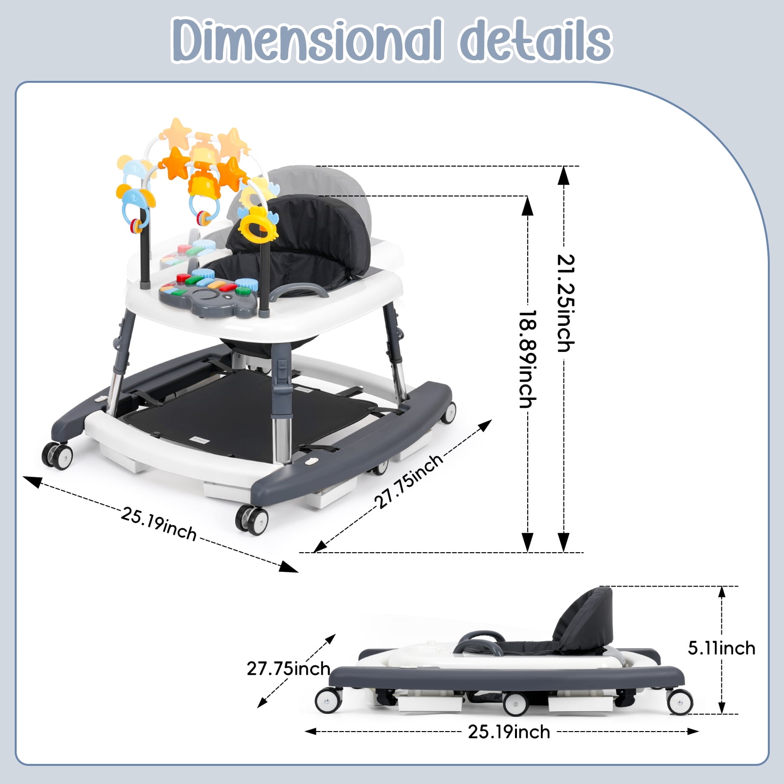 5-in-1 Foldable Baby Walker – Adjustable Height, Music & Lights, Bouncer with Wheels, for Baby Boys & Girls 6-18 Months, Gray
