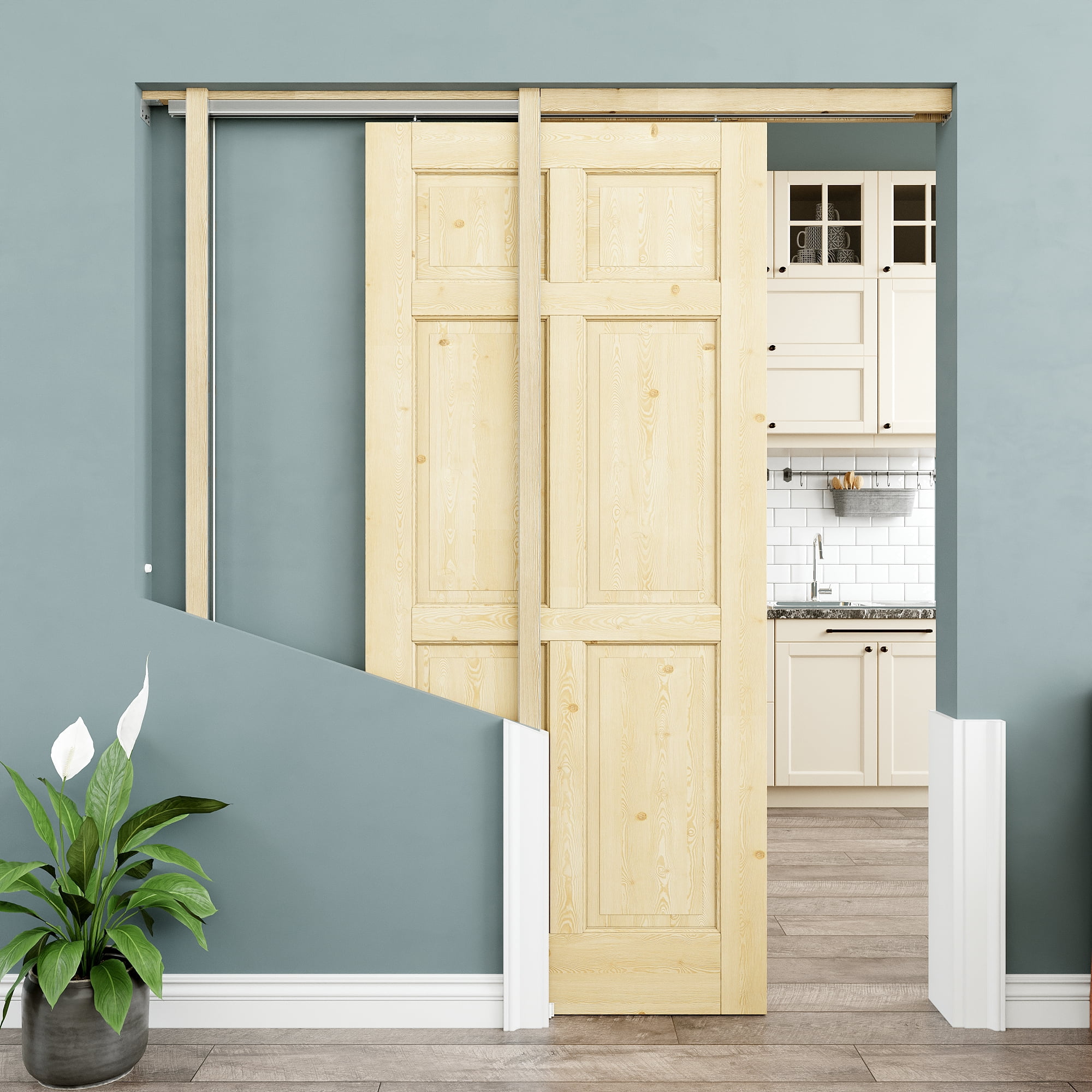 32" x 80" 6-Panel Pine Wood Interior Double Pocket Door, Natural Pine Wood, Paintable & Waterproof, As Laundry Doors, Closet Doors, Room Doors