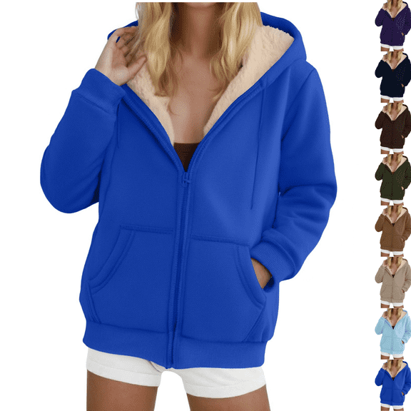 Gamivast Fleece Lined Jackets Women Zip up Oversized Winter Long Sleeve Hooded Fuzzy Coats with Pockets Casual Work Drawstring Outerwear Coats for Winter Cold Weather