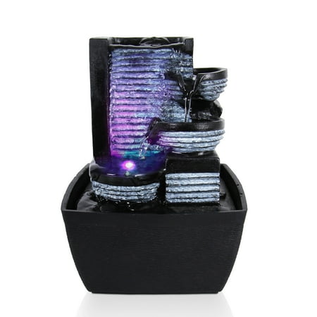 Outdoor Home Fountains Electric Meditation Water Fountain Decor - 3-Tier Cool Portable Desktop Tabletop Decorative Indoor Outdoor Zen Waterfall Decoration w/ LED, Submersible Pump and Power Adapter - SereneLife AZSLTWF60LED ()