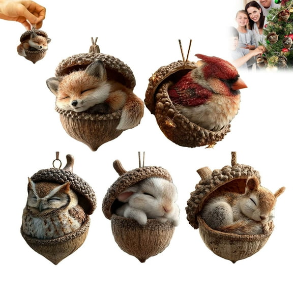 Set of 5 Forest Animal Christmas Ornaments–2025 New Forest Animal Acorn Ornaments,Woodland Creature Hanging Ornament,2D Acrylic Hanging Ornament for Home Decor