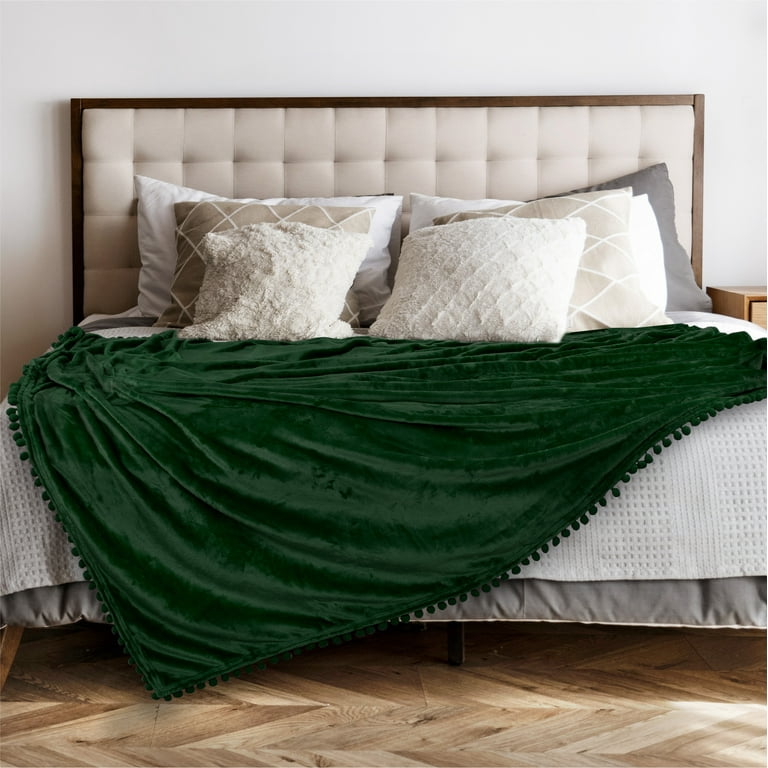 PAVILIA Emerald Green Throw Blanket Pom Pom for Couch Bed Sofa Fleece Soft Fuzzy Cozy Lightweight Pompom Fringe Blanket Decorative Boho Room Home