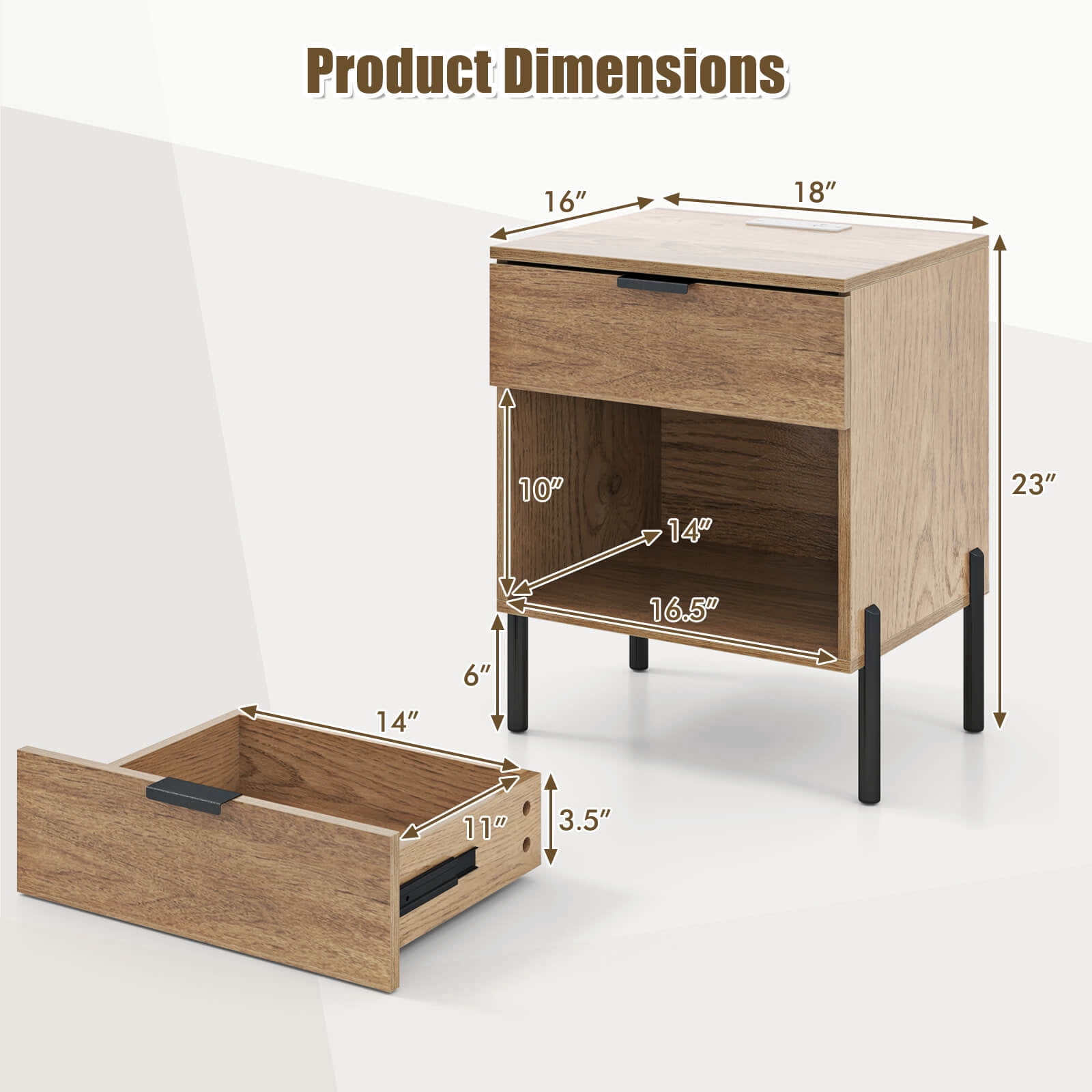 Costway 1PC Nightstand with Charging Station Drawer Compartment Modern Side End Table