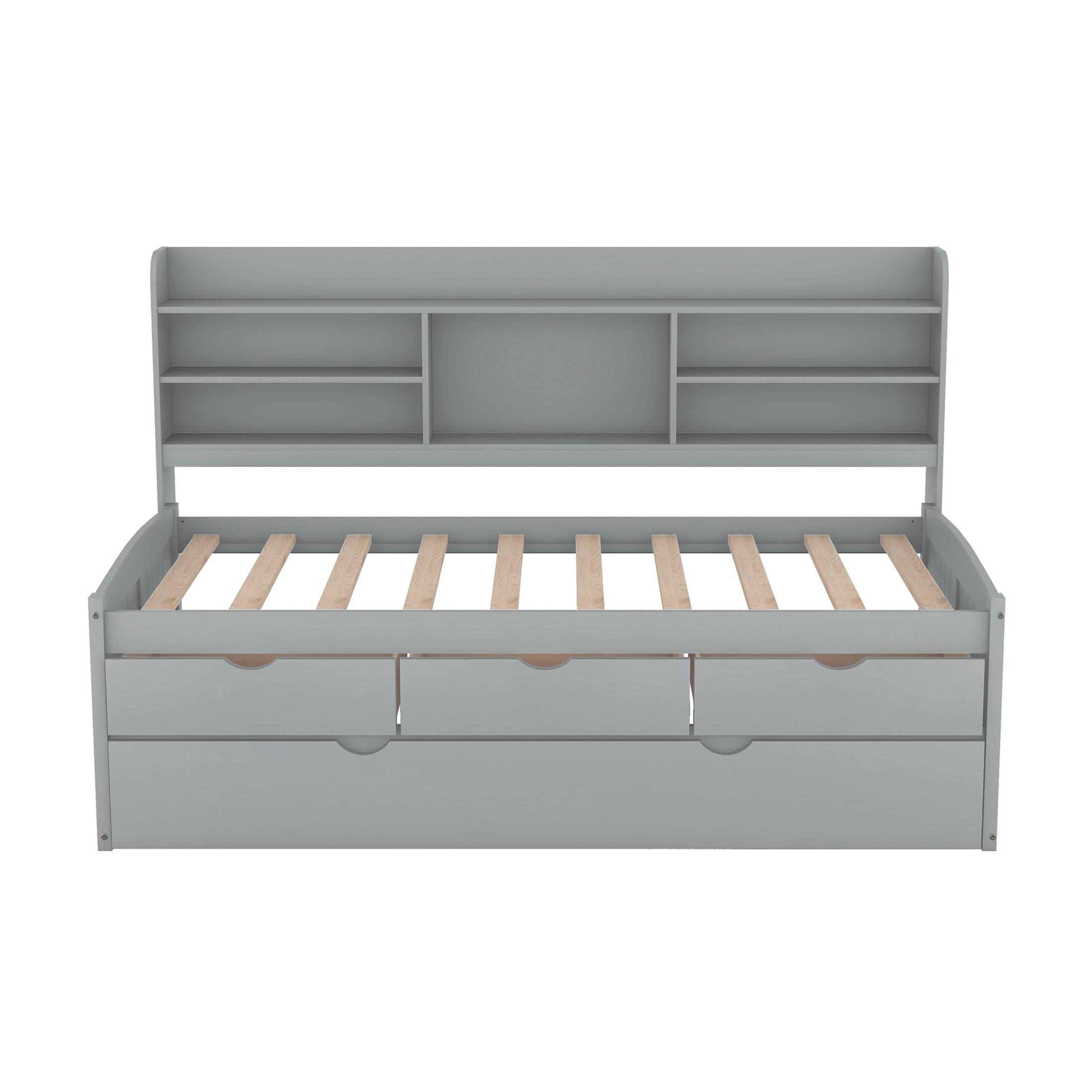Noble House Savoy Twin Size Wooden Captain Bed with Bookcase Headboard and Trundle, Storage Drawers, Gray