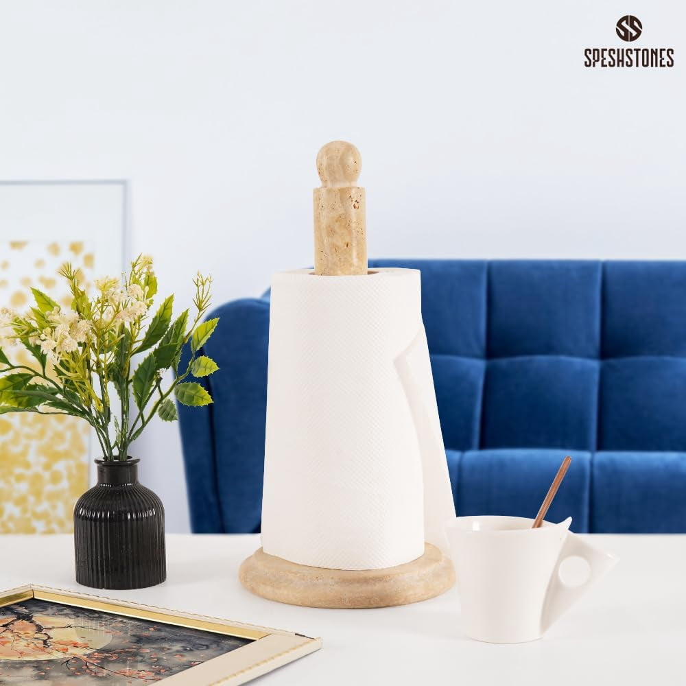 Radicaln Marble Paper Towel Holder 12.5 inch Travertine Paper Towels Organizer for Kitchen Countertop Storage, Stone Freestanding Toilet Paper Roll Stand for Bathroom Décor