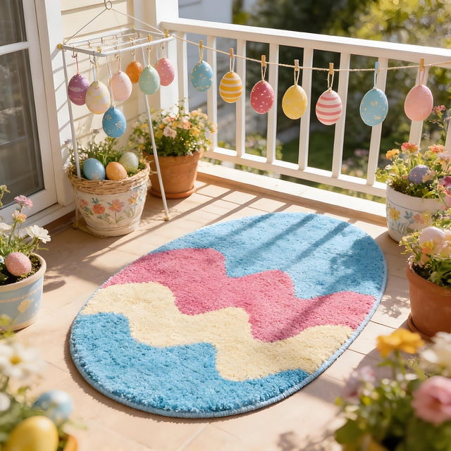 Birdeem Easter Egg Shaped Floor Mat, Soft Polyester Rug for Bedroom, Porch, Entryway, Non-Slip Backing, Multicolor Design