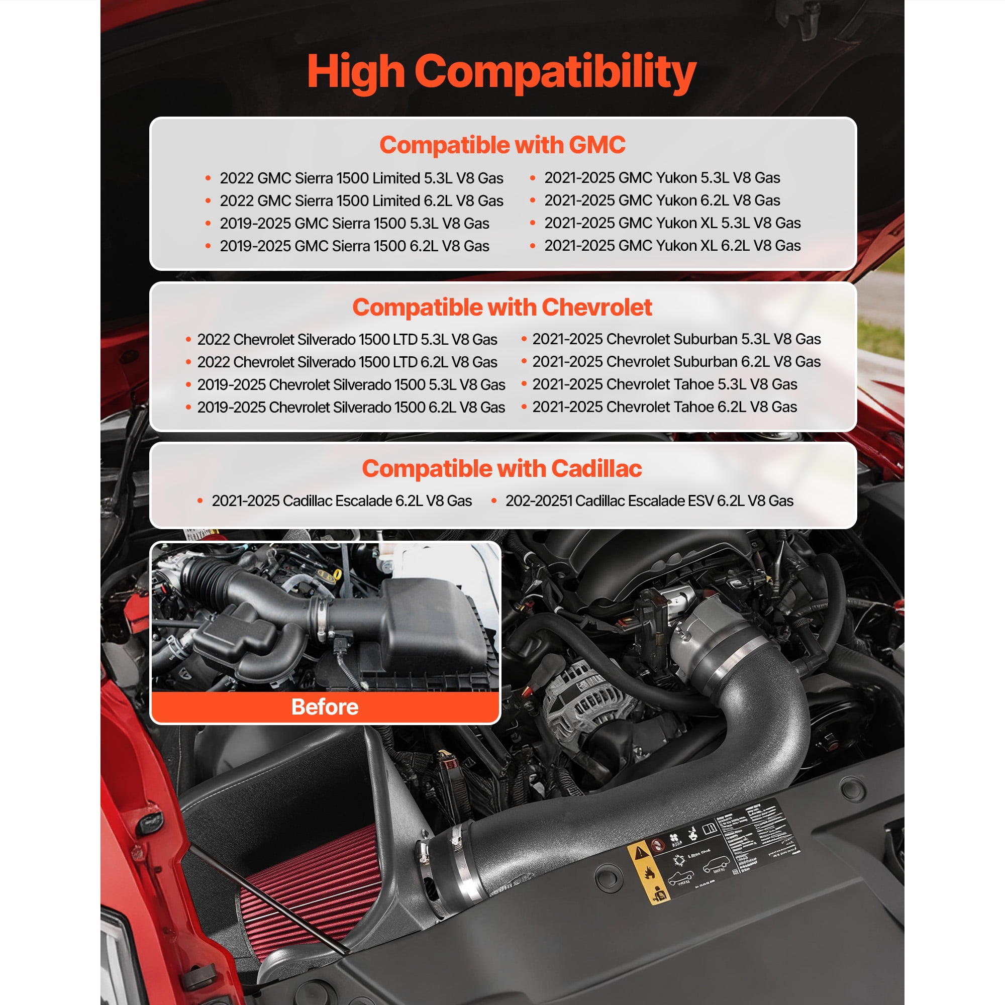 KFFKFF 3.9 Inch Cold Air Intake System with Heat Shield, Compatible with 2019-2025 Chevy Silverado/GMC Sierra and 2021-2025 Cadillac Escalade 6.2L, High Flow Filter for Enhanced Engine Performance