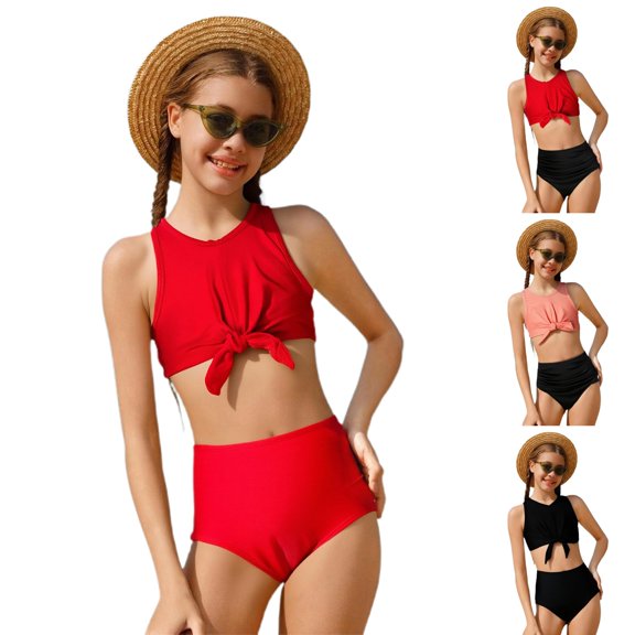 LILIYA Girls Swimsuit Size 8 Ruffle Hem Color Block Little Girls' Swimwear Stretchable Fabric Two Piece Bathing Suit Beach Swimwear 7-16t