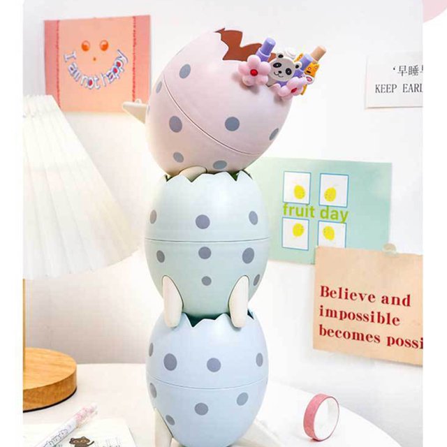 stanreset PP Enfants Oeuf Forme Stylo Titulaire Portable Bande Dessinée Grande Capacité Large Bouche Règle Caoutchouc Colle Conteneur Anniversaire Cadeau Bleu