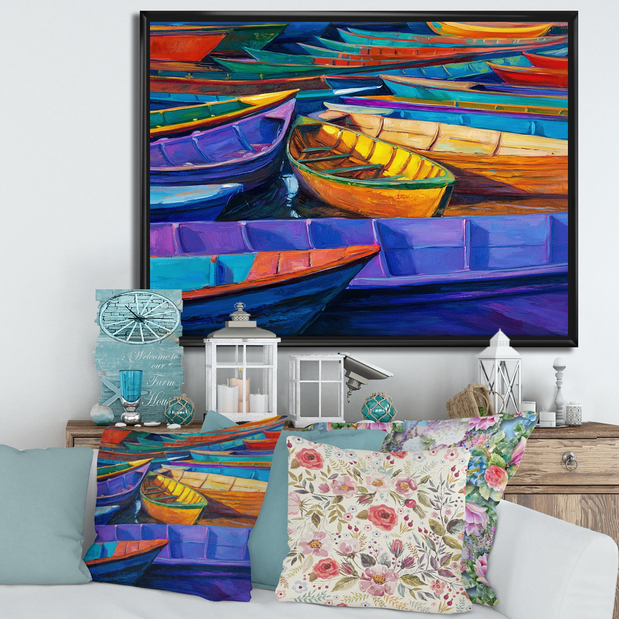 Designart 'Boats During Warm Sunset Resting On The Water II' Nautical & Coastal Framed Canvas Wall Art Print