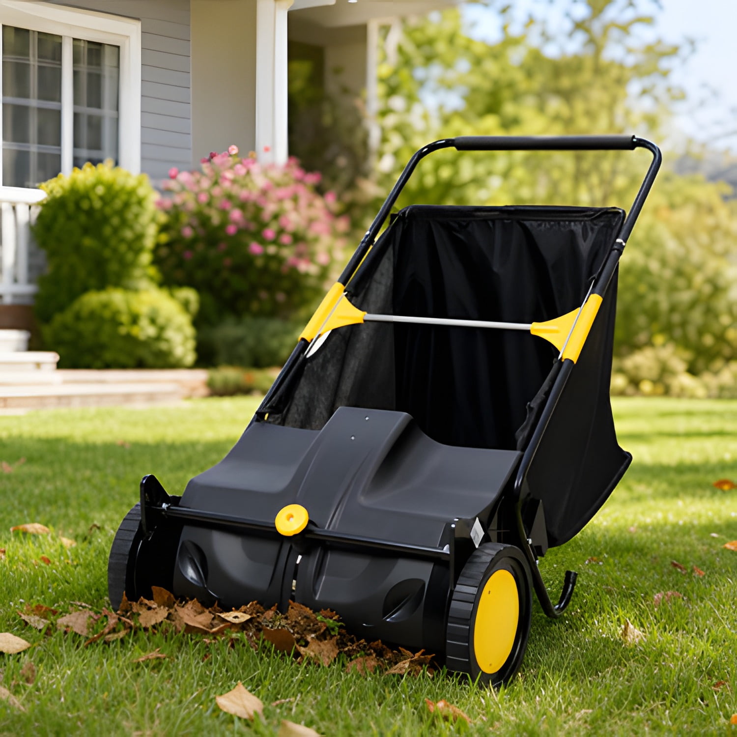 Hand Push Lawn Sweeper, 21 Inch Leaf & Grass Collector 3.5 cu. ft Hopper Bag Capacity. with Adjustable Brush Height