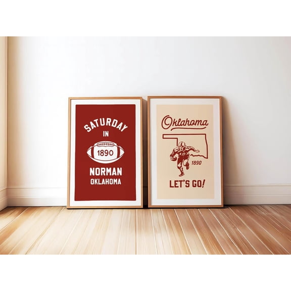 Retro Football Prints Oklahoma Wall Art College Sports Team Football for Sports Fan Wall Decor Oklahoma Set 2 Unframed Paper Print 16x24