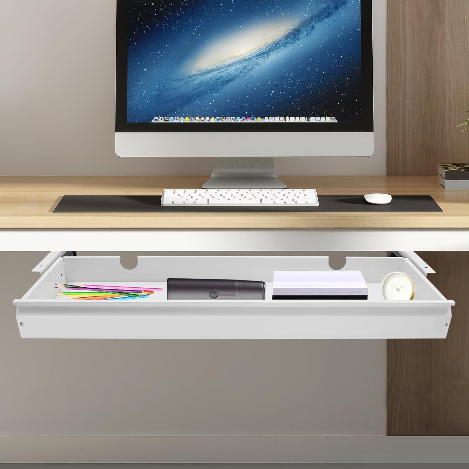 DENEST 33in Under Desk Mounted Sliding Pull-out Drawer without Shell Office Desk Pull-out Drawer Storage Organizer for Sit Stand Workstation Store Keyboard Mouse White 33.3 * 9.2in