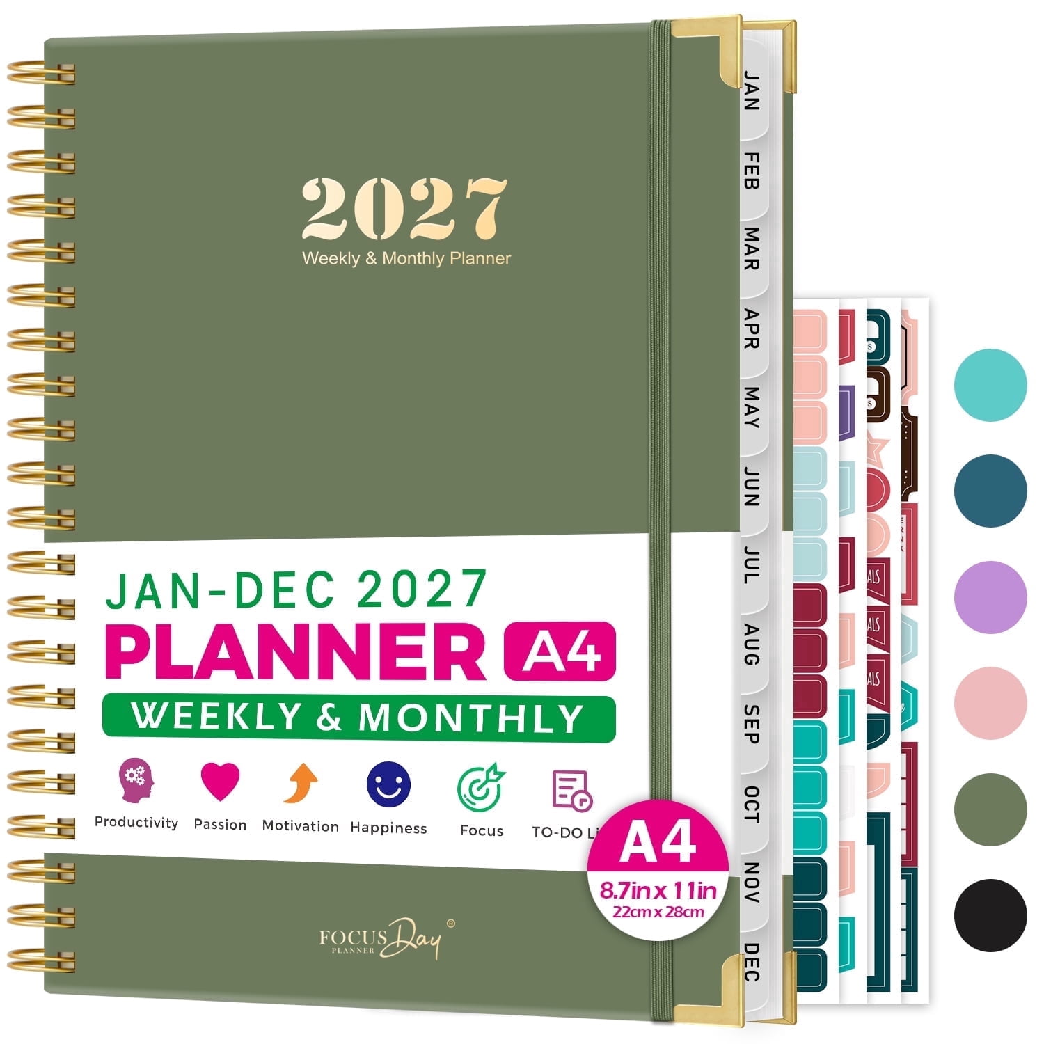 ROBCURSE 2027 Planner Calendar 8.5 x 11 Weekly and Monthly Planner from Jan 2027 to Dec 2027 with Monthly Tabs 4 Stickers A4 Large Spiral Agenda Organizer Notebook for Students and Teachers