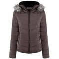 thumbnail image 1 of BodiLover, Women's, Winter Quilted Puffer Short Coat High Collar Jacket with Removable Faux Fur Hood Zipper Vegan Leather Piping, Chocolate, M, 1 of 3