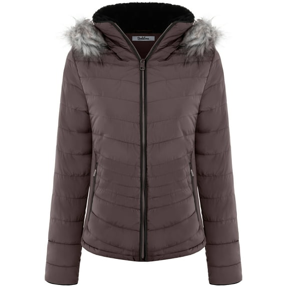 BodiLover, Women's, Winter Quilted Puffer Short Coat High Collar Jacket with Removable Faux Fur Hood Zipper Vegan Leather Piping, Chocolate, S