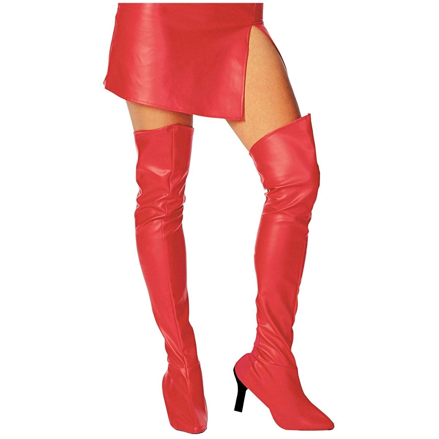 red faux leather thigh high boots