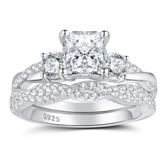 SFTING Wedding Rings for Women 925 Sterling Silver 5A CZ Engagement Rings for Women Three Stones Princess Cut Anniversary Size 7