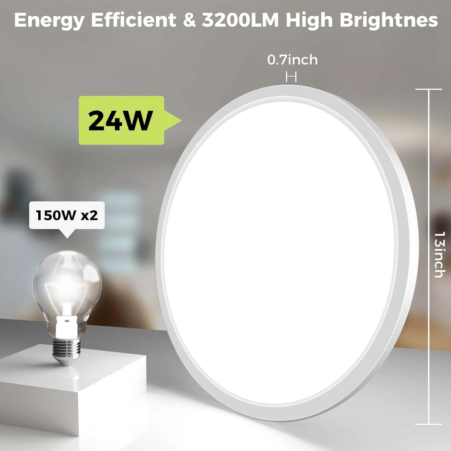 RGHJAR-1Pack LED Flush Mount Ceiling Light Fixture, 13Inch 24W, Dimmable&3000K/3500K/4000K/5000K/6500K Adjustable Low Profile Ceiling Lights, Round Flat Ceiling Light for Kitchen,Hallway-White
