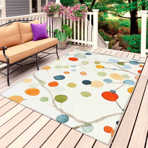 Colorful Botanical Outdoor Rug for Patio/Deck/Porch, Non-Slip Large Area Rug 5 x 7 Ft, Rainbow Color Spring Summer Leaves Indoor Outdoor Rugs Washable Area Rugs, Reversible Camping Rug Carpet Runner