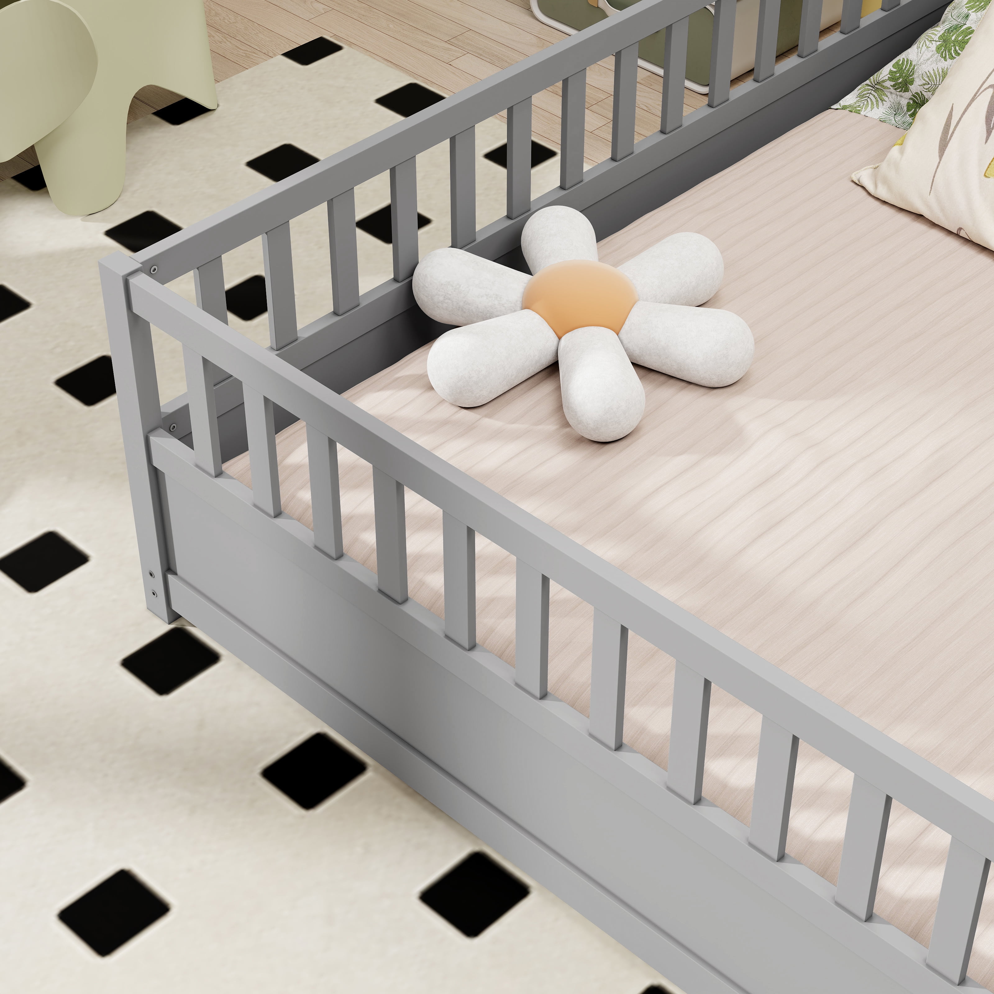 Euroco Wood Floor Bed with Fence and Door for Kids, Full, Gray