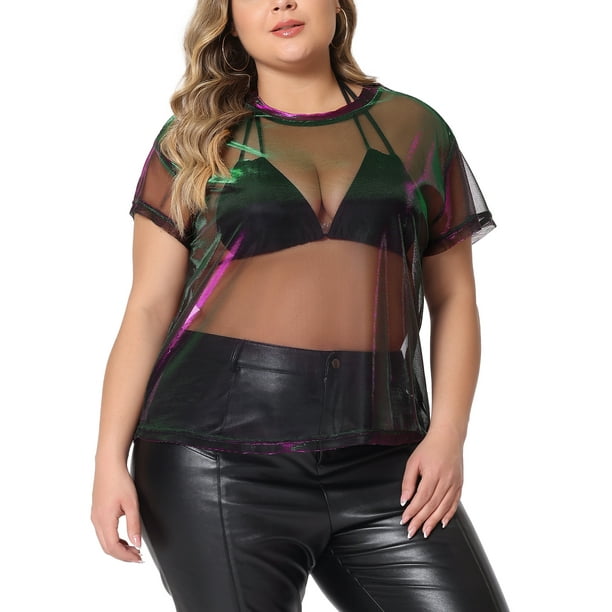 Blusa de fiesta para mujer de tallas grandes Agnes Orinda, transparente de malla holográfica, 4X, púrpura y verde