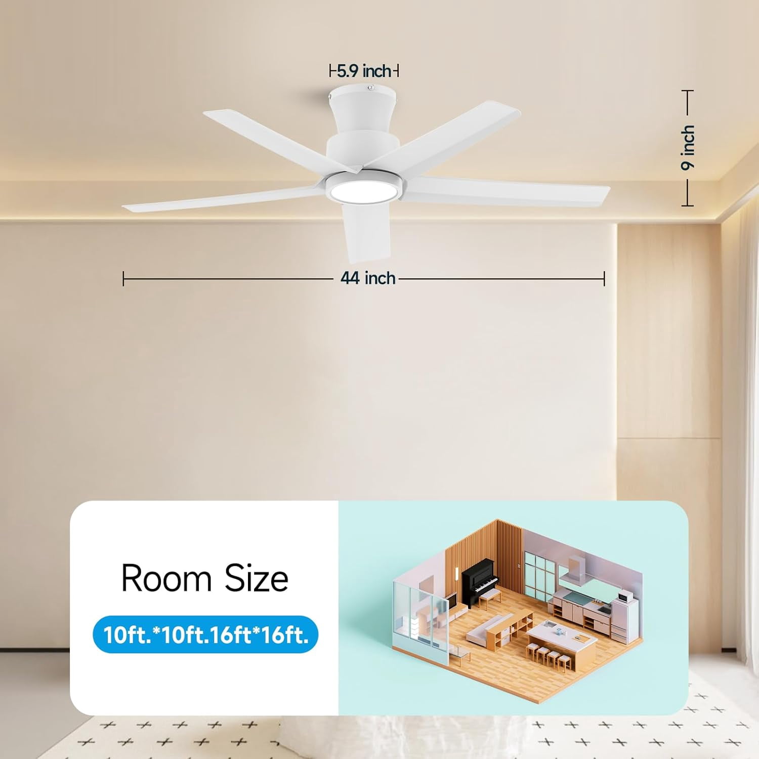 44 Inch White 5-Blade Modern Ceiling Fan, 3CCT Dimmable LED Light, Reversible DC Motor, Remote & 2/4/8H Timer for Bedroom Living Room Kitchen