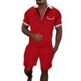 thumbnail image 2 of Short Sets for Men Summer Casual Jacquard Short Sleeve Quarter Zip Polo Shirt and Bermuda Shorts 2 Piece Matching Set, 2 of 6