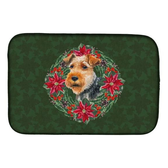 Welsh Terrier Poinsetta Wreath Dish Drying Mat