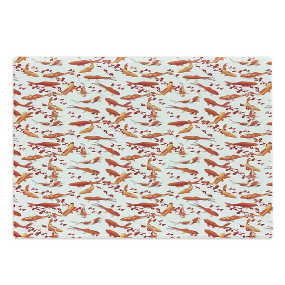 Fish Cutting Board, Japanese Traditional Aquatic Creatures with Leaves Branches Ornament Abstract Image, Decorative Tempered Glass Cutting and Serving Board, Large Size, Orange White, by Ambesonne