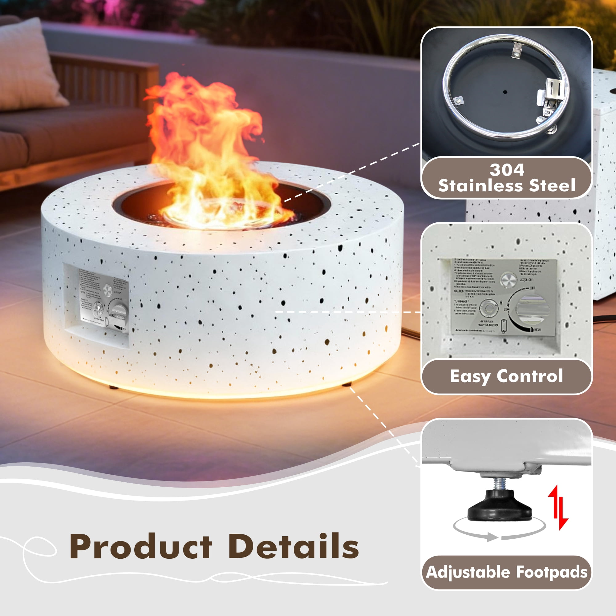 Vornel 30" Round Iron Fire Pit, 50000 BTU with LED Light & Lid, for Home & Camping（White/ Golden Light）