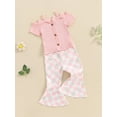 thumbnail image 3 of Suealasg Toddler Girls Clothes 1T 2T 3T 4T 5T Kids Little Girl Summer 2Pcs Outfit Short Sleeve Cold Shoulder Tops Checkerboard Daisy Print Flare Pants, 3 of 7