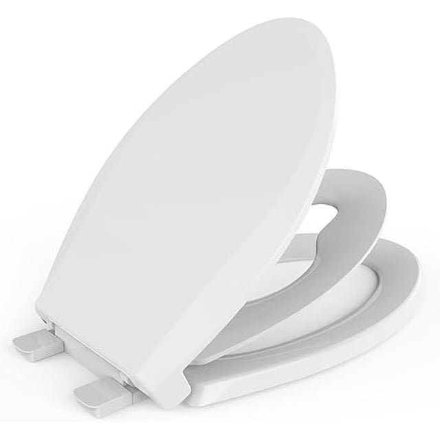 Asiento de inodoro con asiento para niños pequeños incorporado, bisagras de liberación rápida, cierre lento, nunca aflojar, ALARGADO, resistente, blanco (19,5”) oso de fresa Electrónica
