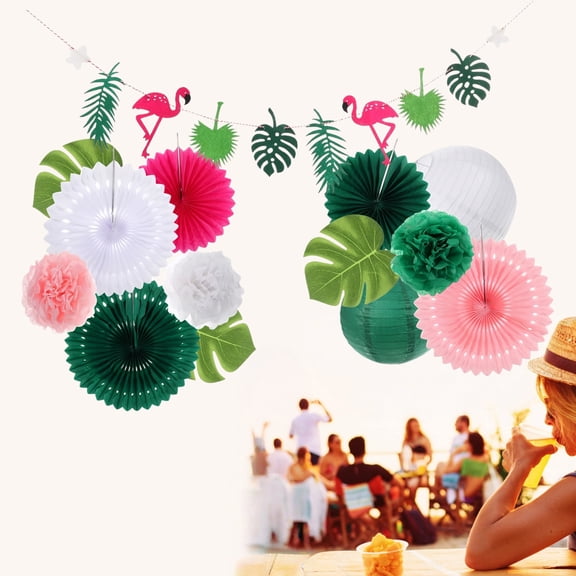 Qianfeng Party Banners Hawaiian Flamingo Paper Fans and Monstera Leaves Banner Hanging Decorations