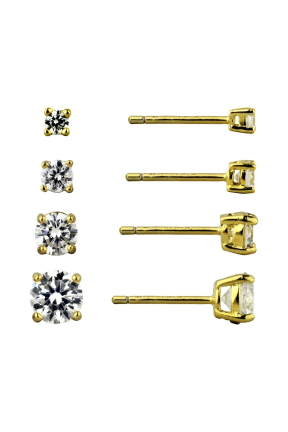 Women's Simulated Diamond 4 Pair Round Earring Set in 14KT Gold Plated Sterling Silver