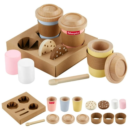 Fisher-Price Wooden Coffee to Go Set, 15-Piece Cafe Shop Playset Toddler, Ages 3-5 Years