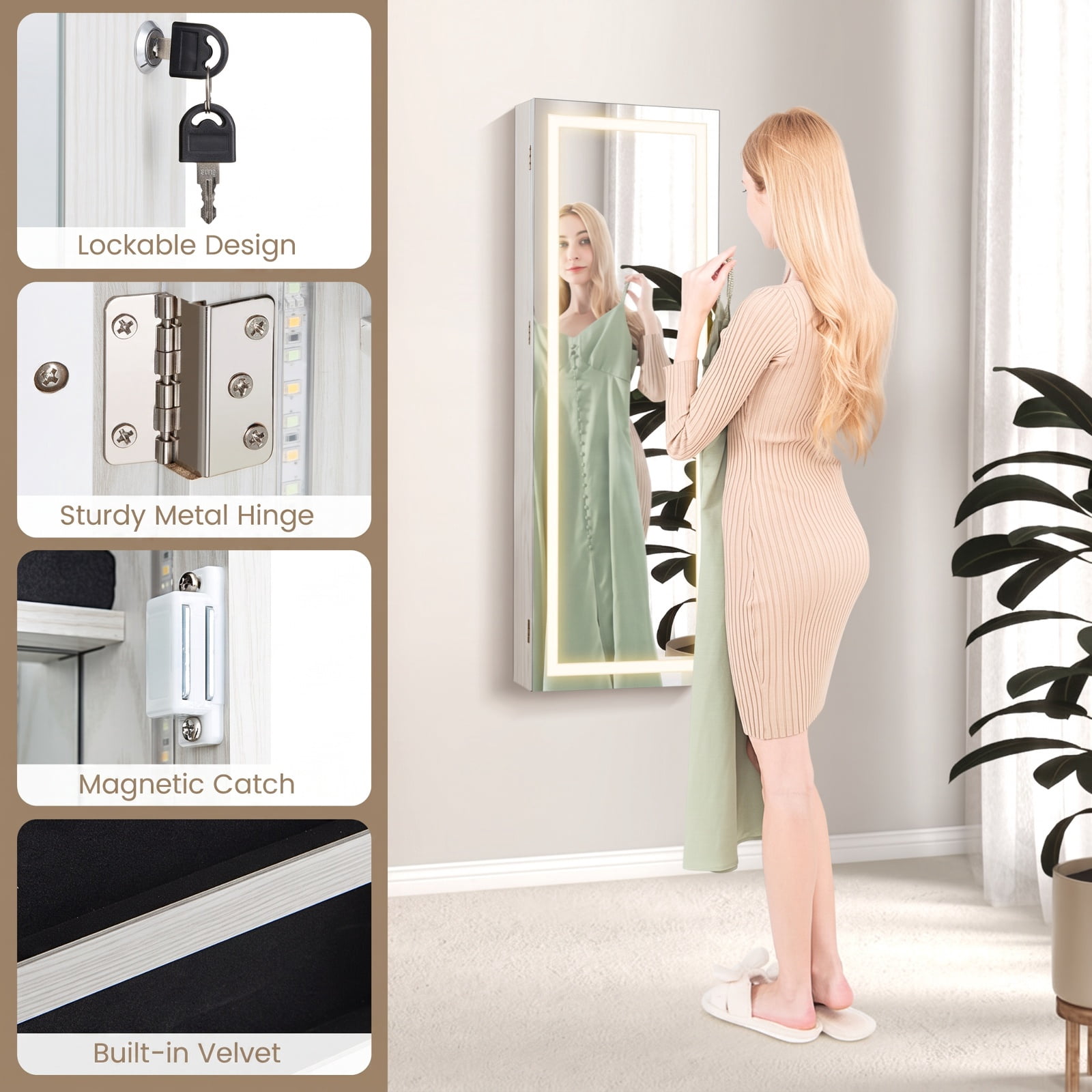 Furnibear 42.5 Inches Lockable Jewelry Mirror Wall Cabinet with 3-Color LED Lights for Bedroom Dressing Room Jewelry Necklace Rings Storage, White