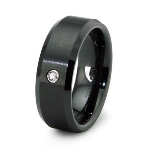 EWC R40038D-085 Black Ceramic Ring Beveled Edge with Diamond 0.04ctw - Size 8.5
