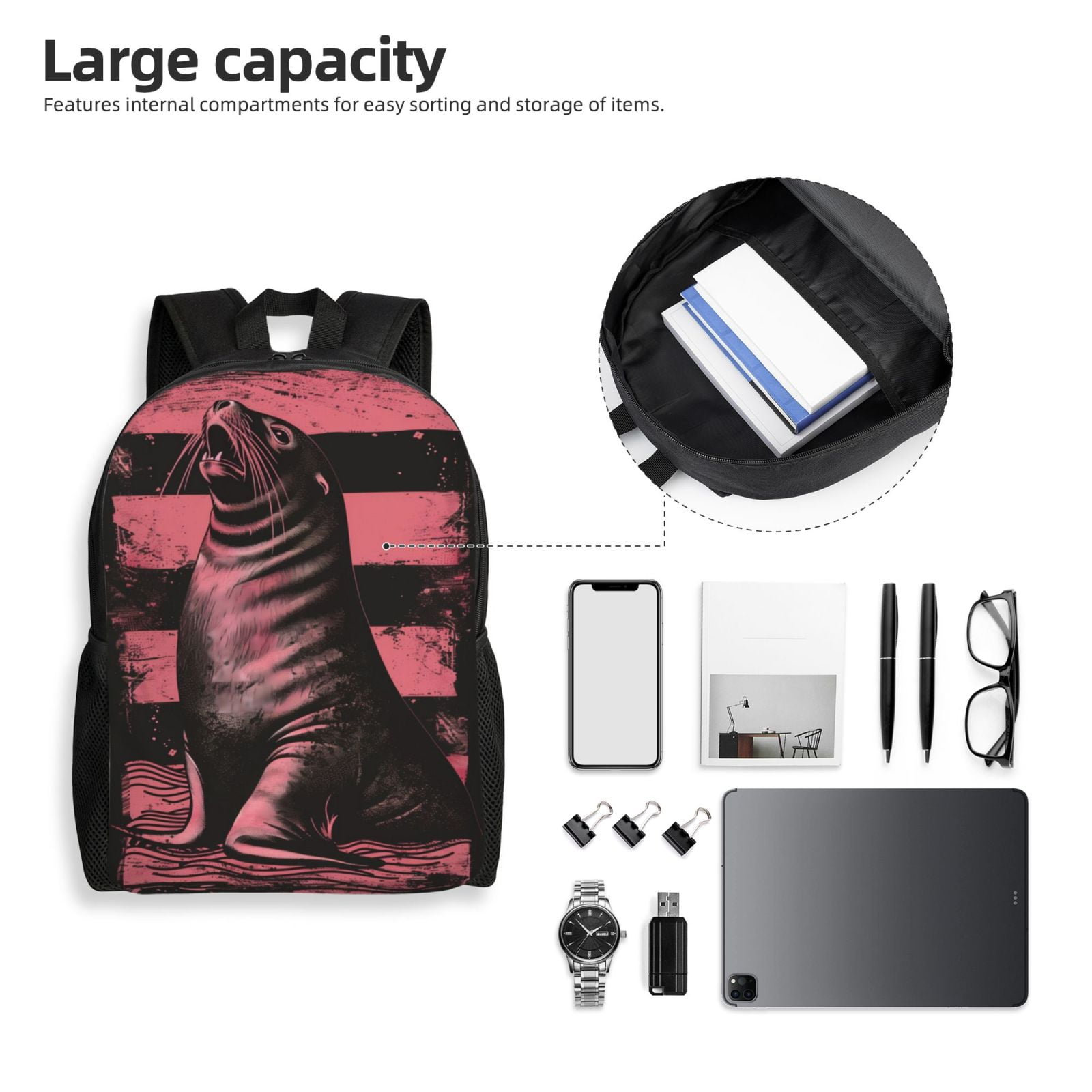 Xecao Graphic Seal On Stripes Print School Backpack with Laptop Compartment Small Travel Laptop Backpack for Women Men Waterproof College Backpack Simple School Bag