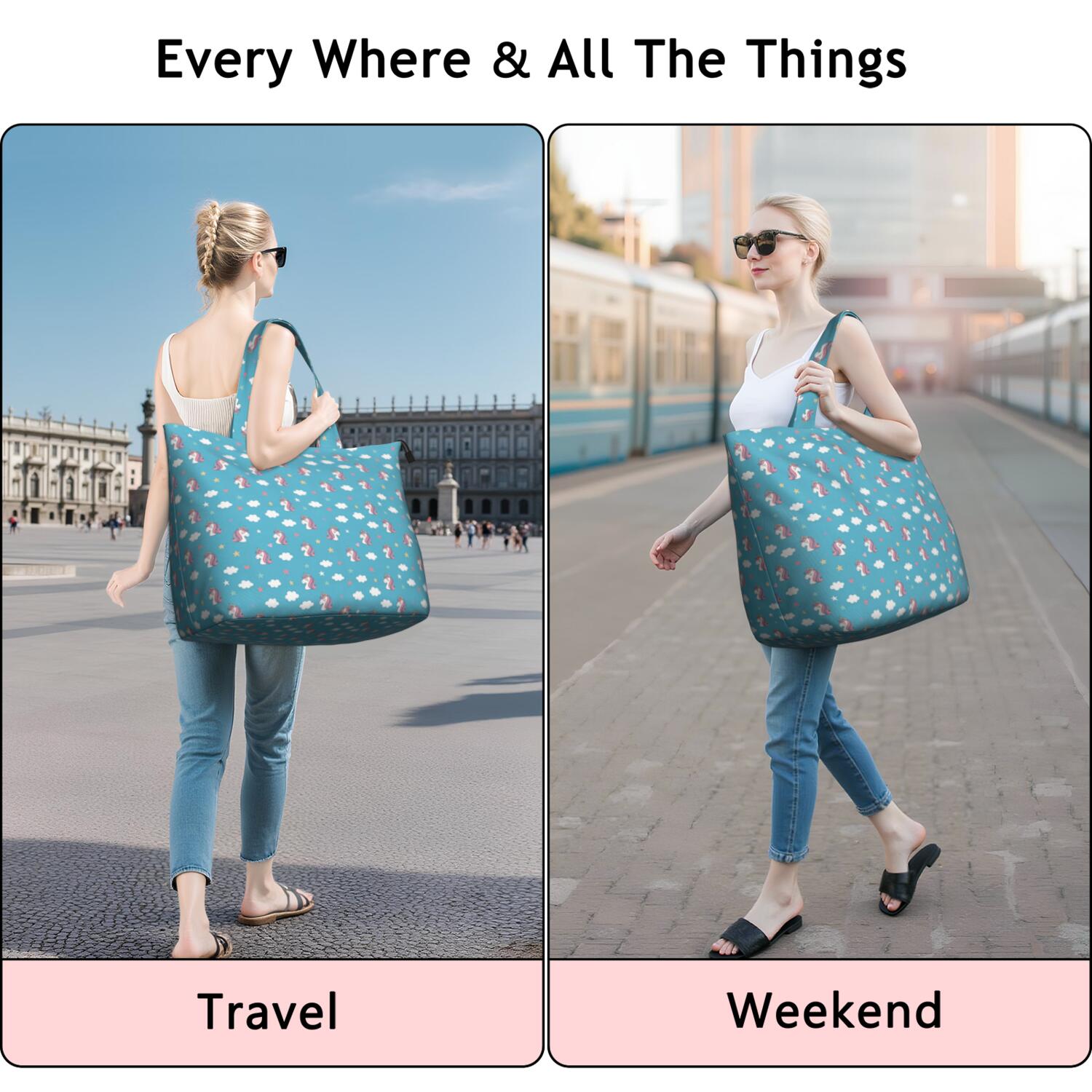 Blue Cartoon Unicorn Head Star Cloud Pattern Travel Tote Bags for Women Carry On,Large Weekender Bags for Women Travel,Multi Functional Duffle Bag for Work,Shopping,Sports