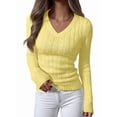 thumbnail image 2 of Women Long Sleeve Cable Knit Sweater Fall Fashion V Neck Fitted Pullover Business Casual Fall Outfits Light Yellow M, 2 of 10