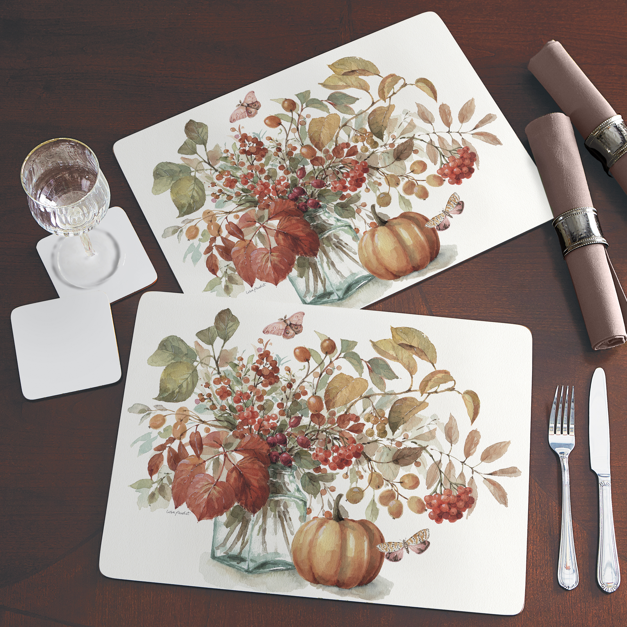 Cala Home "Autumn In Nature" Premium Decorative Hardboard Cork Back Tabletop Placemats 4 Pack