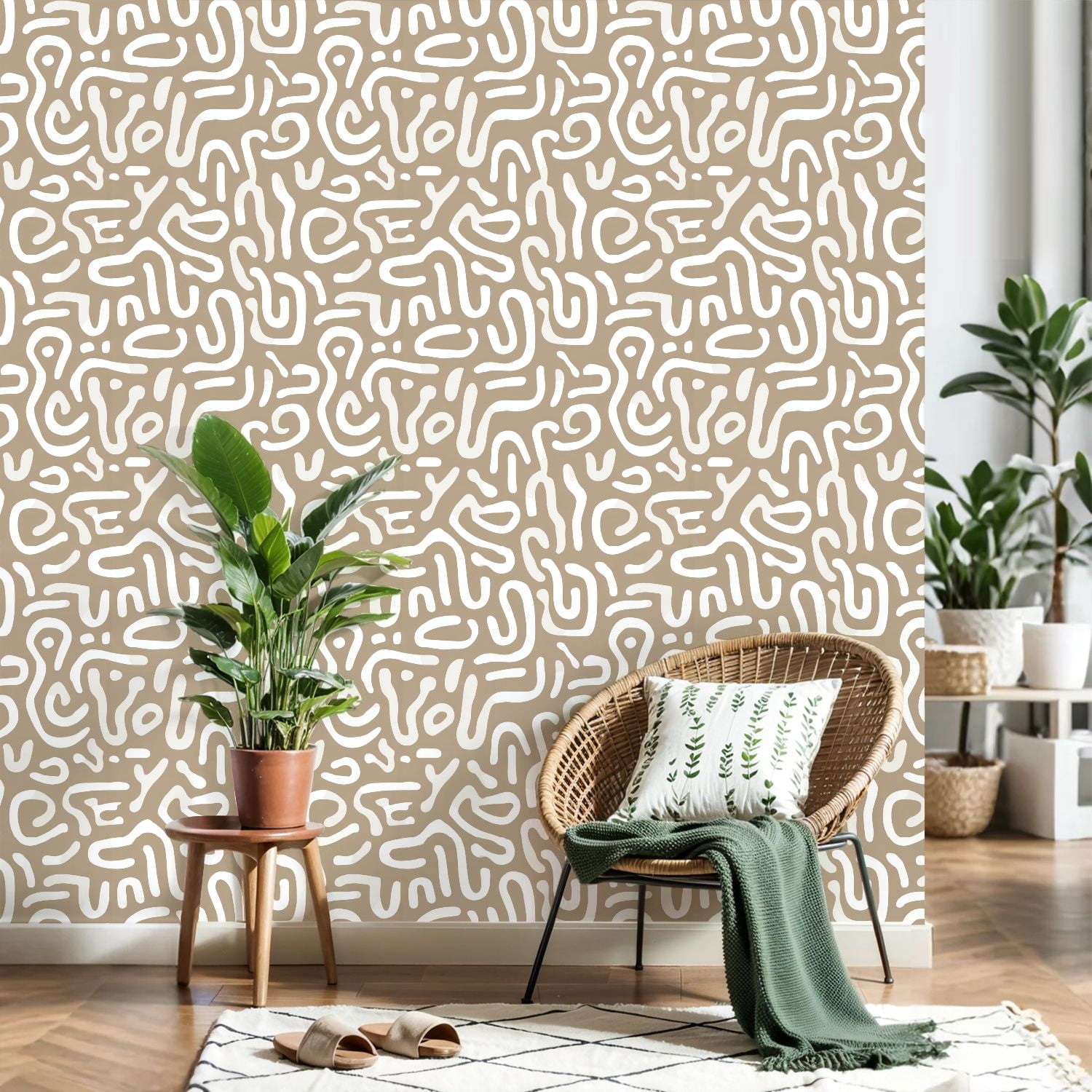 Peel and Stick Wallpaper Abstract Beige White Curvy Lines Design 24in x 118in Contact Paper Removable Self Adhesive Wall Mural Wall Decor for Bedroom Kitchen Cabinets