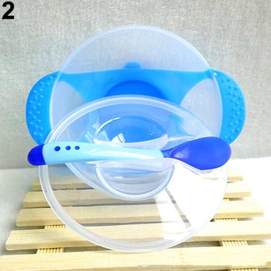 1 SET BABY SUCTION BOWL COLOR CHANGING SPOON FEEDING TABLEWARE GOOD 6A 