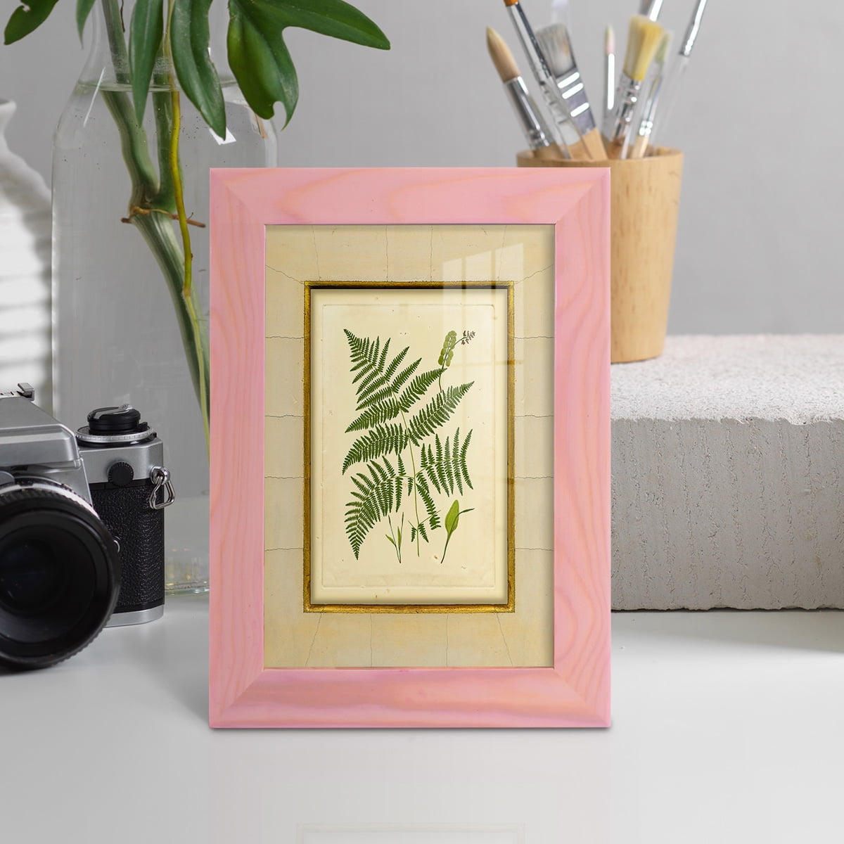 Fern with Crackle Mat (H) IV - Framed Print w/glass - Sunset Pink