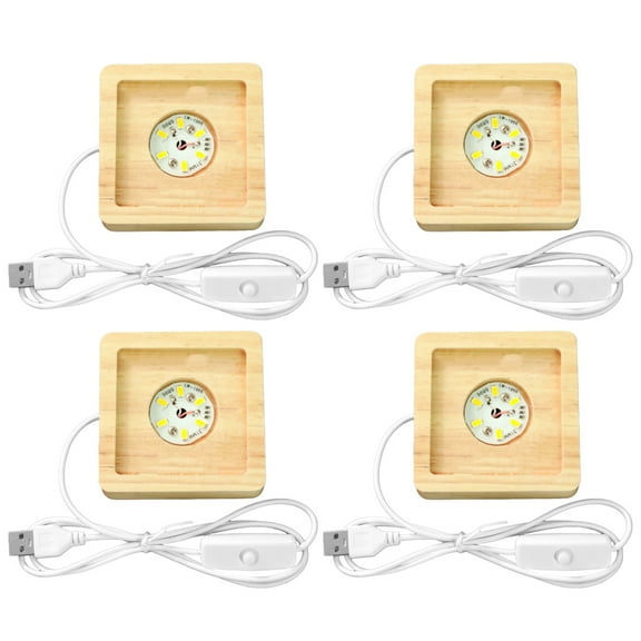 4 Pcs Square LED Light Bases with Wooden Stands, USB Powered, 6 LED Bulbs, 3D Crystal Display Light, Warm Glow, Set for Acrylic, Glass, Resin Art, with Switch